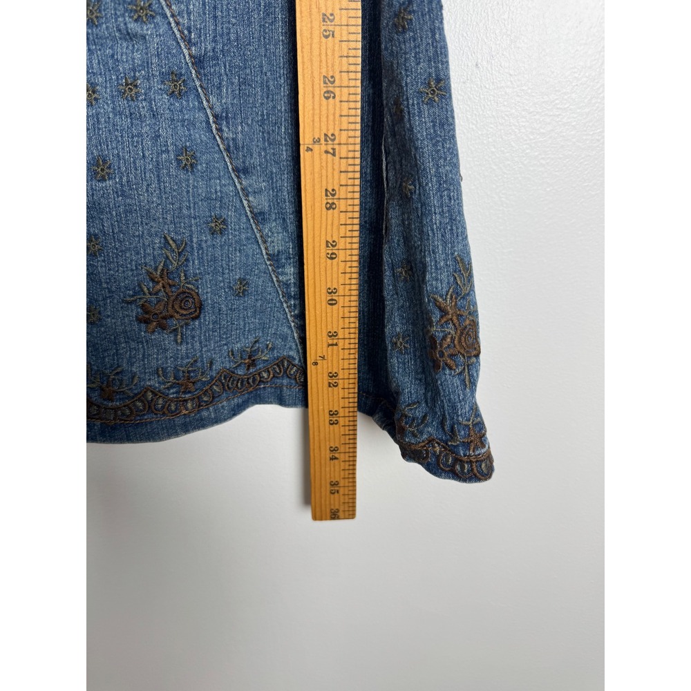 Vintage Western QQMY Women 34 Denim Maxi Skirt Blue Embroidered Flared Hem Godet - Picture 5 of 7